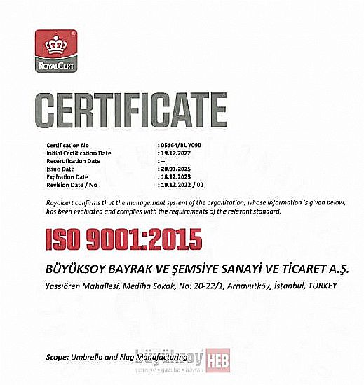  | Kalite Sertifikalarımız | Büyüksoy | Şemsiye, Gazebo, Bayrak