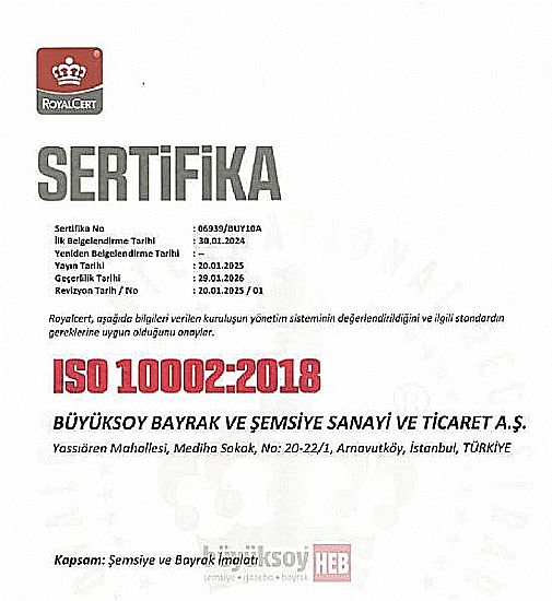  | Kalite Sertifikalarımız | Büyüksoy | Şemsiye, Gazebo, Bayrak